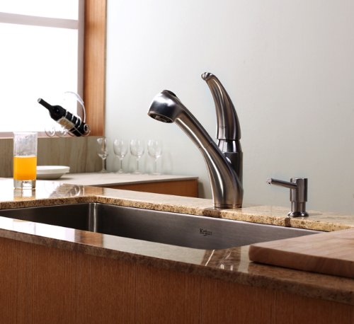 Kraus Stainless Steel Single Lever Pull Out Swivel Spout Kitchen Sink Faucet and Soap Dispenser