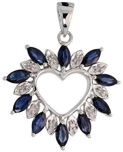 14k White Gold 15/16" (24mm) tall Diamond Heart Pendant, w/ 1.25 Total Carat Weight Marquise Cut Blue Sapphire Stones  Brilliant Cut Diamonds