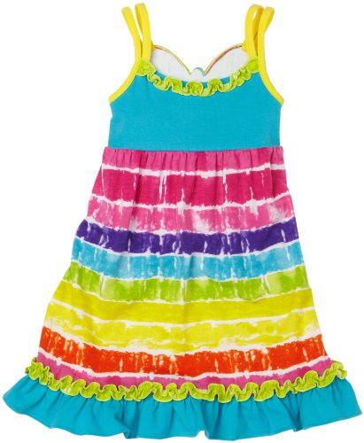Rare Editions Girl's 2-6X Multi Striped Print Dress With Butterfly Back, Turquoise, 4