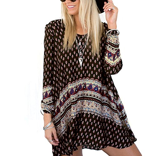 EFINNY Women's Bohemia Style Long Sleeve Sundress Beach Dress
