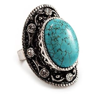 Dome Shaped Turquoise Style Diamante Fashion Ring (Burn Silver Tone)