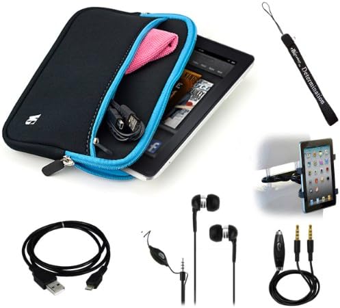 Baby Blue Trim - Black Slim Protective Soft Neoprene Cover Carrying Case Sleeve with Extra Pocket // Fits Anywhere// For Amazon Kindle Fire Full Color 7" Multi-touch Display, Wi-Fi + Includes a Black Micro USB Data Sync Cable + Auxilary Cable ( AUX Connectivity ) + Adjustable HeadRest Car Mount Kit + High Quality Noice Reducer MP3 Handsfree Earbuds Earphones with Mic