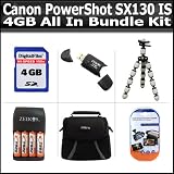 4GB All In Bundle Includes For Canon PowerShot SX130 IS SX130IS Digital Camera 4GB High Speed SD Memory card + Flexible Gripster + USB 2.0 High Speed Card Reader + 4AA (2900 mAH) Rechargeable NIMH Batteries And Charger + Deluxe Carrying Case + Clear LCD