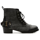 Ollio Women's Winter Military Ankle Boots Lace Ups Back Buckle Low Heels Black Shoes ~ Ollio