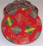 Scott's Cakes Mini Chocolate Covered Pretzels with Christmas Color Non-Pareils in a Christmas Present Tin