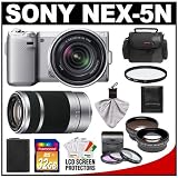 Sony Alpha NEX-5N Digital Camera Body & E 18-55mm OSS Lens (Silver) with E 55-210mm Lens + 32GB Card + Battery + 4 Filters + Telephoto & Wide-Angle Lenses + Case + Accessory Kit