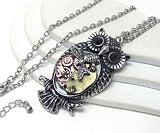 Ultra Unique Large Owl Watch Parts Necklace with Dragonfly Accent on Belly on Long 30 Chain Antique Silver Tone