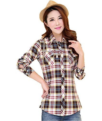 Women's V Neck Slim Long Sleeve Classic Plaid Shirts Button-up Shirts