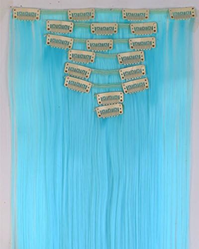 S-noilite 26 Inches(66cm) Straight Light Blue Full Head Set Clip in Hair Extensions 8 Piece 18 Clips Hairpiece Trendy Design