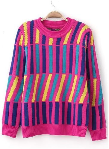 Vintage Pink Long Sleeve Vertical Stripe Geometric Pullover Sweater for Women