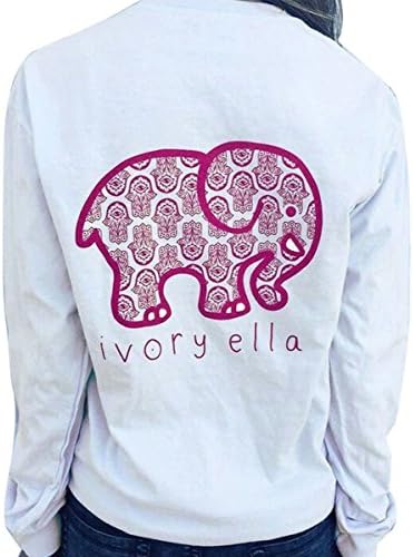 CollTIE Women Long Sleeve Round Neck Cotton Shirt Elephant Pattern On Front Pocket And Back Small White