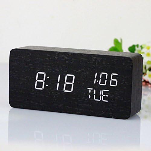Elecsmart Decorative Desktop Alarm Clock with Time and Temperature Display - Sound Control - Latest Generation Week display(Black wood white light)
