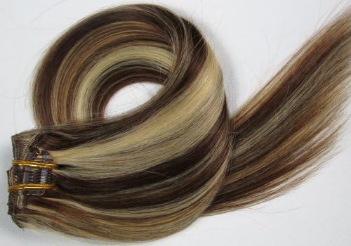 New Clip In Hair Extension 100% Real Remy Human Highlight Full Head 7pcs Set #6/613-chestnut brown mixed with light blonde (15Inch)