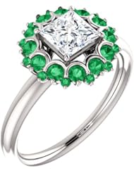 Platinum Princess Cut Diamond and Emerald Flower Inspired Ring -- LIFETIME WARRANTY