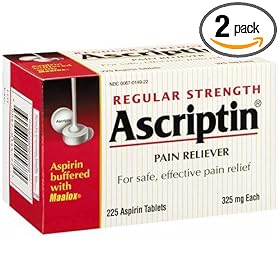 Ascriptin Pain Reliever Aspirin Tablets Buffered with Maalox, Regular Strength, 325 mg, 225-Count Bottles (Pack of 2)