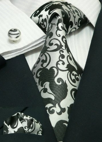 Landisun 91F Black White Paisleys Mens Silk Tie Set: Tie+Hanky+Cufflinks