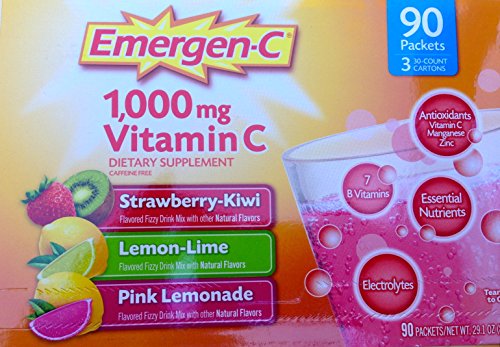 Emergen-C 1000 mg of Vitamin C, 0.32 Ounce, 90-Count, Stawberry-Kiwi, Lemon-Lime, Pink Lemonade. Emergen-C 1000 mg of Vitamin C, 0.32 Ounce, 90-Count, Stawberry-Kiwi, Lemon-Lime, Pink Lemonade.