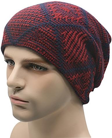 FHSom Men's Woolen Knit Red Lattice Stylish Warm Soft Slouchy Beanies Skull Snow Cap Hat