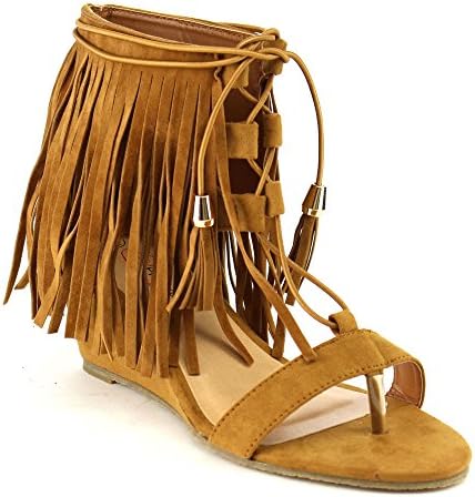 I HEART COLLECTION VIRGINIA-01 Women's Thong Fringe Tassel Lace Up Calf Sandals, Color:CAMEL, Size:6