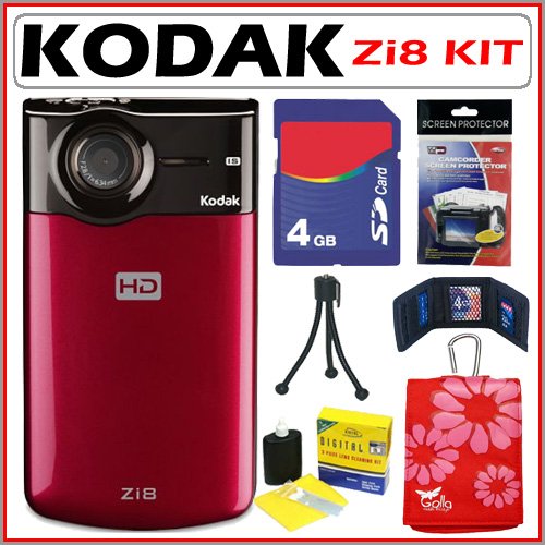 Kodak Zi8 Raspberry Zi8 High Definition Pocket Digital Video Camera with SD/ SDHC Slot and 2.5-inch LCD in Rasberry + 4GB Accessory Kit
