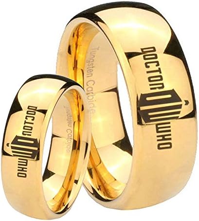 His Her's 2pcs Tungsten Dr Who Doctor Time Design Bad Wolf 14K Gold IP Dome Ring Set Size 6, 10