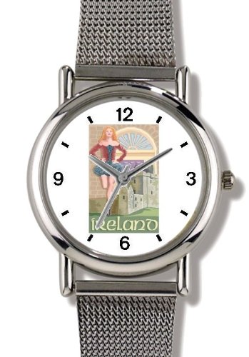 Ireland Tourist Poster with Irish or Celtic Theme Lass doing Jig Irish or Celtic Theme - WATCHBUDDY® ELITE Chrome-Plated Metal Alloy Watch with Metal Mesh Strap-Size-Small ( Standard Women's Size )