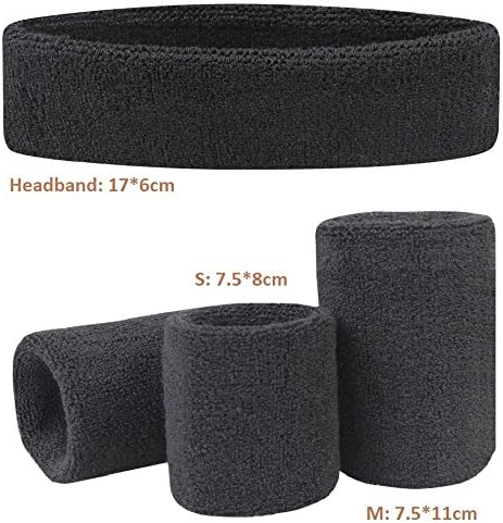 2 Pairs Wrist Sweatband with S and M Size + 1 Head Band - Absorb &amp; Elastic Cotton Sports Basketball, Wristband Tennis (Black)