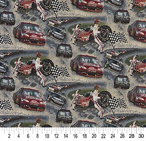 Nascar Burgundy Red Rust Dark Green Gray Silver White Country Lodge Cabin Juvenile Novelty Tapestry Automotive Upholstery Fabric by the yard