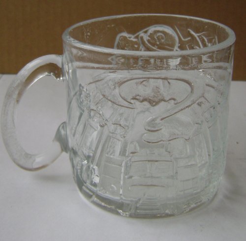  Collectible Batman Forever Glass Drinking Cup Mug - 3 1/4 inches x 3 1/8 inches - Riddler etched on glass - From McDonalds