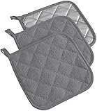DII 100% Cotton, Machine Washable, Heat Resistant, Everyday Kitchen Basic, Terry Potholder, 7 x 7", Set of 3, Gray