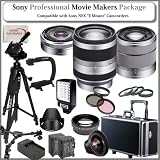 Professional Movie Makers Package for SONY NEX-VG10, NEX-VG20 Interchangeable Lens Handycam Camcorders: Includes - Sony E-Mount SEL16F28 16mm f/2.8 Wide-Angle Alpha E-Mount Lens, Sony E-Mount SEL 1855 18-55mm f/3.5-5.6 Zoom Lens for Alpha NEX Cameras, Sony E-Mount 18-200mm f/3.5-6.3 Zoom Lens for NEX Camera, 0.45x High Definition Wide Angle Lens, 2x Telephoto HD Lens, Pro Filter Kit (UV,CPL,FLD), 4 Piece Macro Close-up Kit (+1,+2,+4,+10), Professional LED Video Light, Stabilizing Handle/Grip, Pro Fluid Head Tripod w/ Pro Tripod Dolly, Professional Hard Carrying Case with Wheels And Retractable Handle, 2 Replacement NP-FV70 (FV70) Batteries, Rapid Travel Charger w/ Car Adapter, Sony Lens Hood & SSE Microfiber Cleaning Cloth