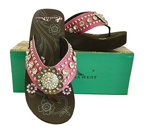 Montana West Ladies Flip Flops Large Rhinestones Floral Concho Pink