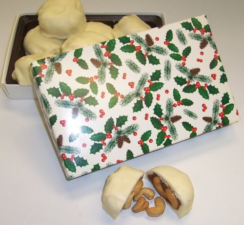 Scott's Cakes 1 2 lb. White Chocolate Cashew Pattie in a Holly Box by Scott's Cakes