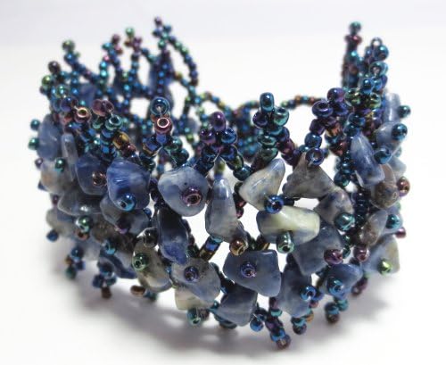 Beaded Handmade Woven Bracelet in Metallic Blue and Plum with Hoop and Ball Clasp