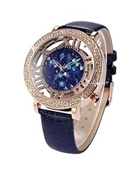 Rose Gold Transparent Blue Crystal Dial Lady Women Leather Quartz Wrist Watch WK1151