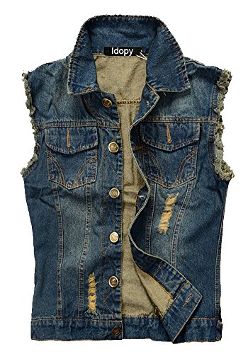 Idopy Men`s Retro Ripped Denim Jeans Vest Sleeveless Jacket
