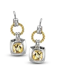 CleverEve Luxury Series Rhodium & Yellow Gold Plated Frenchwire Sterling Silver Earrings w/ Two Prong Set Cushion Cut Natural Genuine Citrine Stones 4.60 ct. tw.