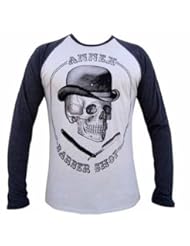 Apparel: Mens Annex Clothing Barber Shop Skull w Derby Hat Long-sleeve Baseball T-Shirt - Annex Clothing