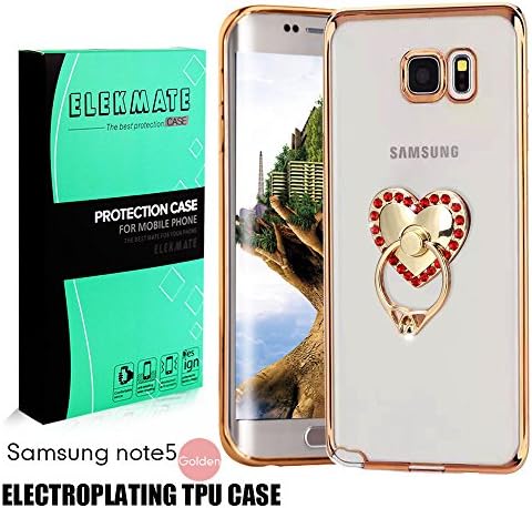 [Ring Buckles + Electroplate Frame TPU] Samsung Galaxy Note 5 Clear Case, ELEKMATE® Ultra Thin Slim Protective Back Cover Case for Galaxy Note 5 [CZ Diamond] (Gold+Red Heart)