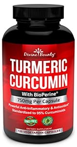 Turmeric Curcumin with BioPerine Black Pepper Extract - 750mg per Capsule, 120 Veg. Capsules - GMO Free Tumeric, Standardized to 95% Curcuminoids for Maximum Potency