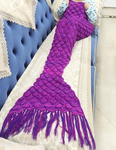 Mermaid Tail Blanket with Tassels OKAYSHOP Knitted Crocheted Soft Sleeping Bag for Adult (71"x35", Tassels Stripe)(Scales-Tassels-Purple)