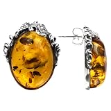 Baltic Light Honey Amber Sterling Silver Oval Antique Reproduction Style Studs Earrings