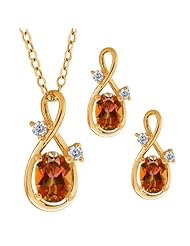 2.13 Ct Oval Ecstasy Mystic Topaz Gold Plated Silver Pendant Earrings Set 18"