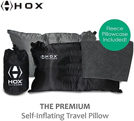 HOX OUTDOORS Best Self-Inflating Air Travel Pillow, 20" x 12" Camping Inflatable Polyester, Premium Fleece PILLOWCASE, Ultimate Lightweight, Compact for Backpacking, Beach, Airplanes, Relaxing Sleep