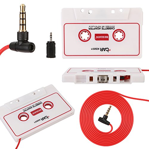 BESDATA Car Cassette Adapters for iPod, iPad, iPhone, MP3, Mobil Device, 3 Feet Long Cable with 3.5mm Male and 2.5mm Male Adapter & Microphone for Phone Calls, White - KD201