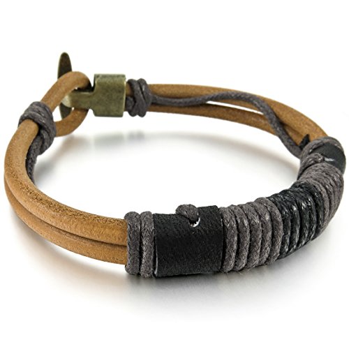 Men's Alloy Genuine Leather Bracelet Bangle Rope Brown Gold Black Braided Biker Tribal (with Gift Bag)