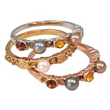Triple Multicolor Pearl and Crystal Tricolor Gold Tone Stackable Ring Set