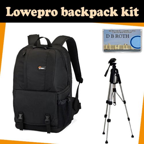 LowePro Backpack kit which includes the Lowepro Fastpack 200 (Black) + TR-60N Camera Tripod + DB ROTH Micro Fiber Cloth.