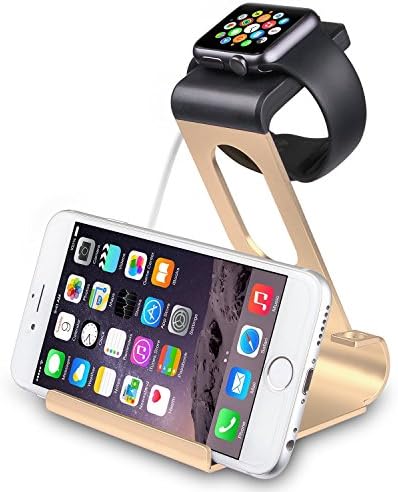 Apple Watch Series 2 Stand, SPARIN Aluminum Dual Stand Charge Station for Apple Watch &amp; iPhone, Ergonomic Viewing Angle, Fit all Apple Watch Models (38mm and 42mm), [With Premium Stylus Pen], Gold