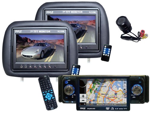 Pyle Deluxe DVD LCD Camera Package for Car Truck SUV --- PLDNV49 4.3-Inch TFT Touch Screen DVD CD MP3 Player AM FM SD-USB Receiver with Built-IN GPS and USA Canada and Mexico Maps + PL71PHB Headrest Pair with Built-in 7